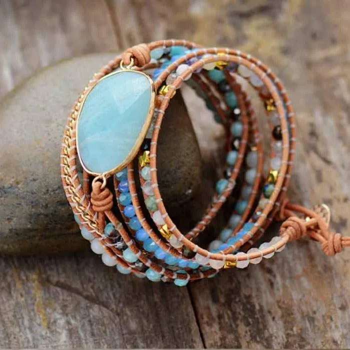 Amazonite Charm Beads & Rhinestones Wrap Bracelet