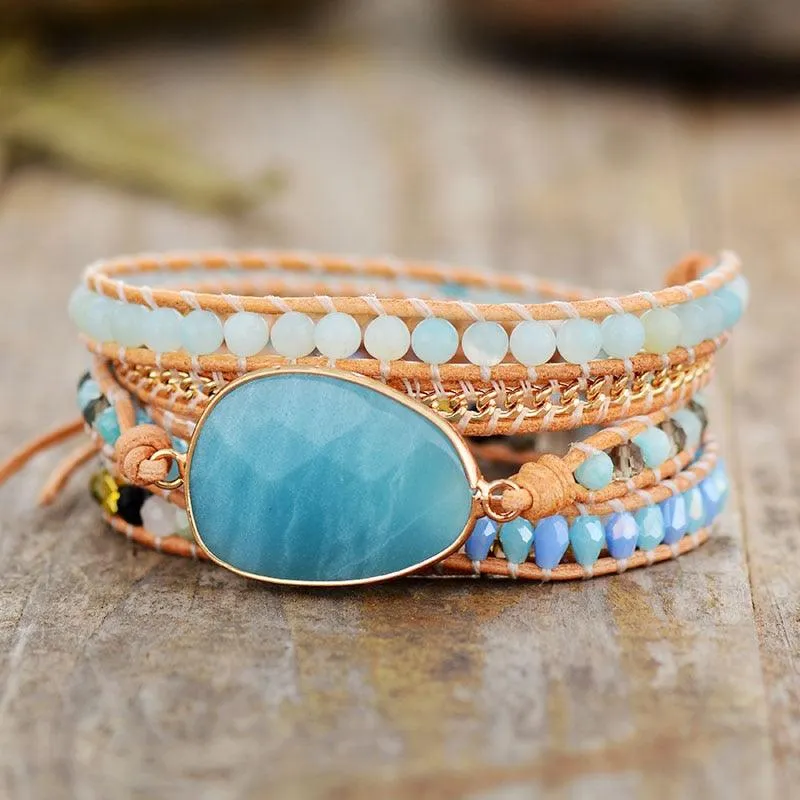 Amazonite Charm Beads & Rhinestones Wrap Bracelet