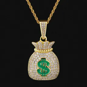 KRKC Iced Out Money Bag Mens Pendant Necklace in 14K Gold