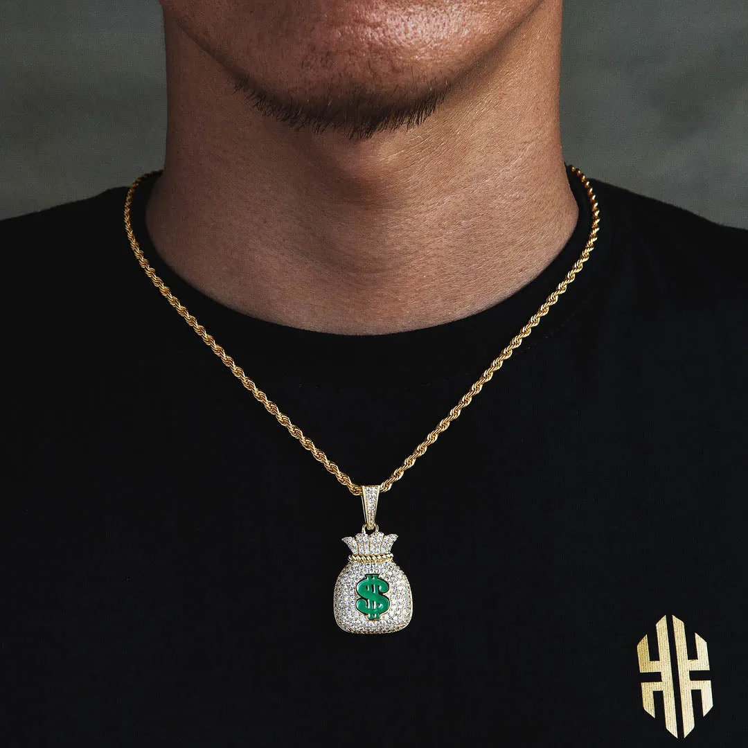 KRKC Iced Out Money Bag Mens Pendant Necklace in 14K Gold