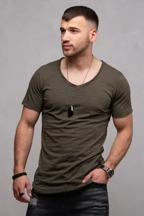 Longline T-Shirt V-Neck Khaki 7102