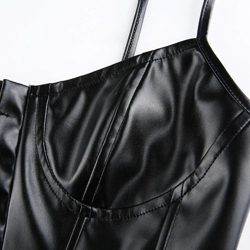 PU Leather Bustier Crop Top Low-cut Slim